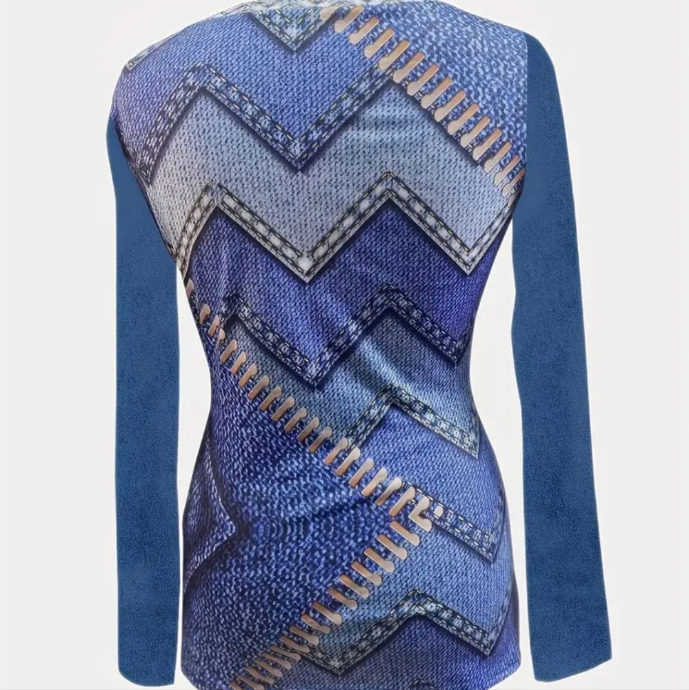Denim print key hole long sleeve shirt